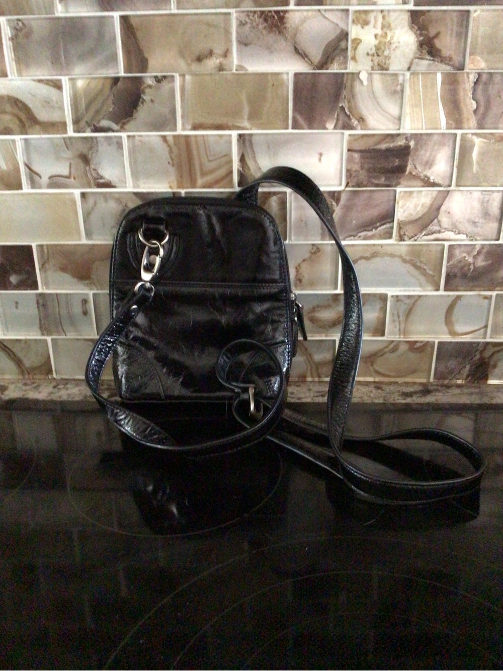 Black Patent Crossbody Bag with Adjustable Strap